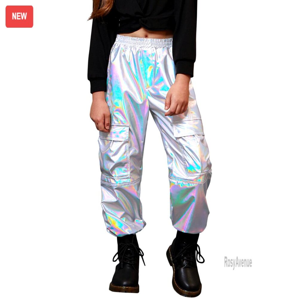 Metallic Cargo Pants Multi-Pocket Joggers High Waist Hip Hop Dance